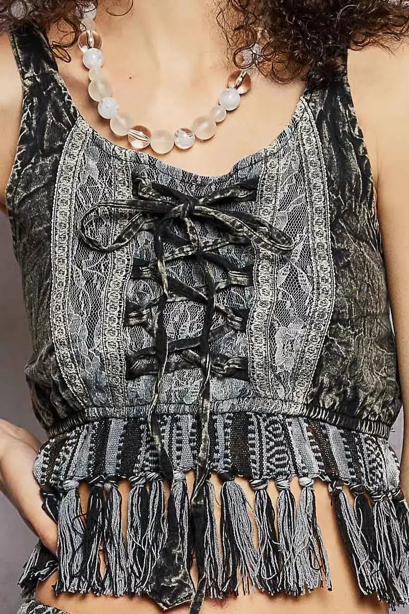 POL Lace-Up Fringe Hem Tank with Lace Detail by Trendsi