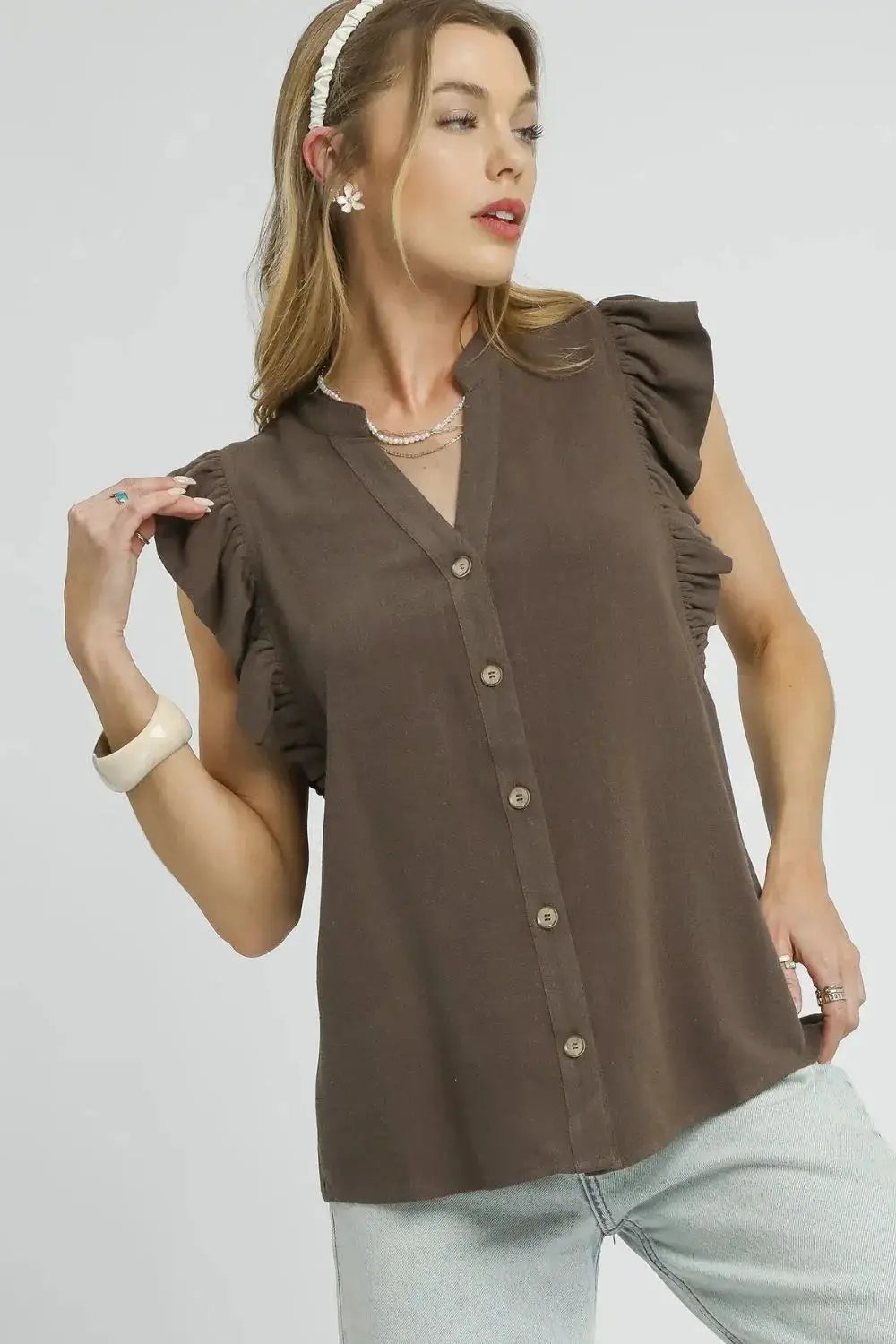 Linen Ruffle Sleeve Button-Down Shirt | Umgee by Trendsi