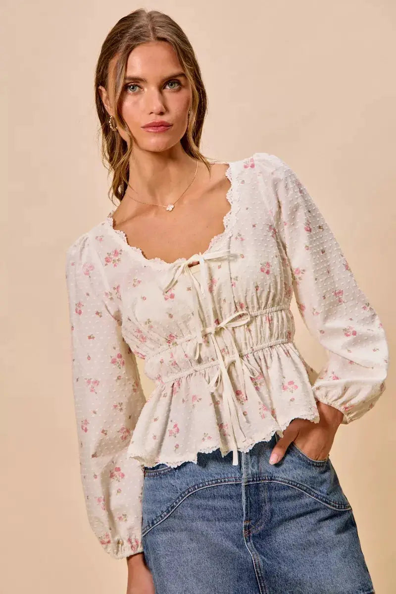 SO ME Floral Clip Dot Lace Trim Ruched Bodice Blouse by Trendsi