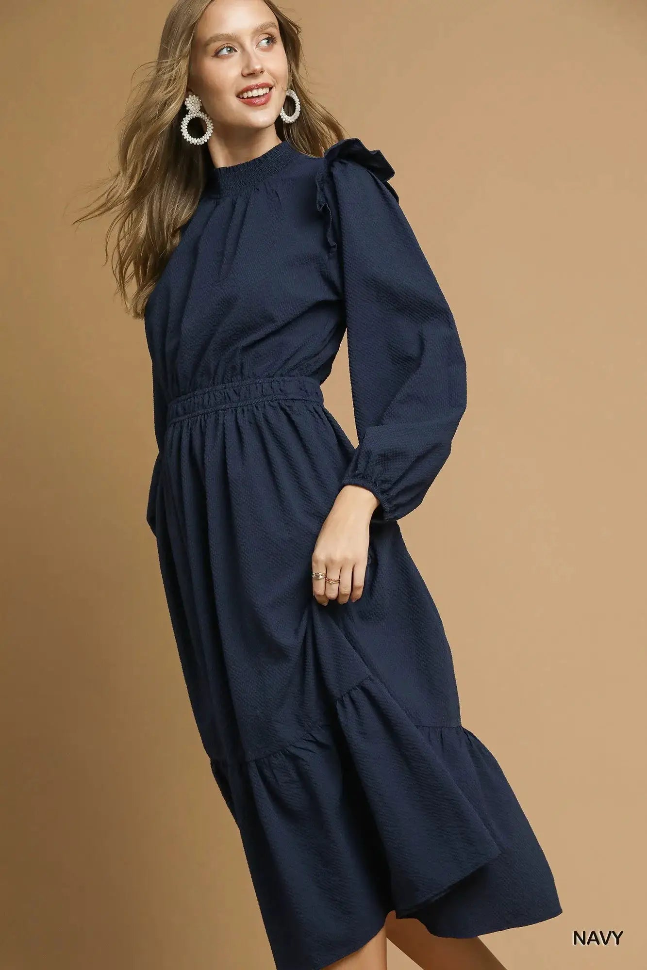 Textured Midi Dress with Ruffle Shoulder Detail | Umgee by Trendsi