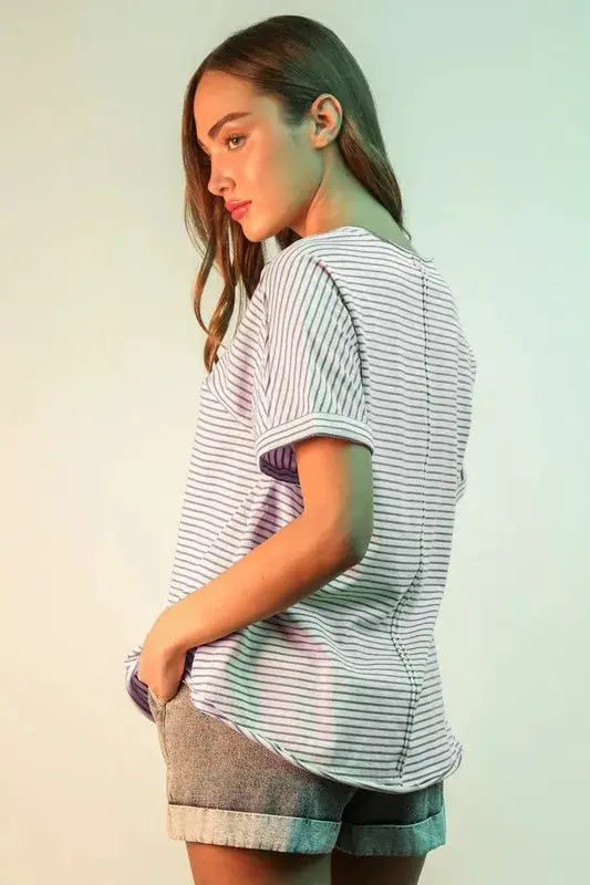 Striped V-Neck Short Sleeve T-Shirt | VERY J by Trendsi