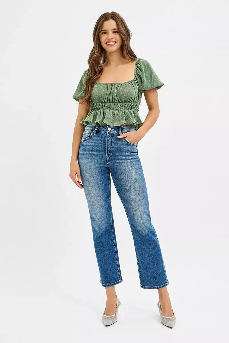 Tummy Control High Rise Crop Straight Jeans | RISEN by Trendsi