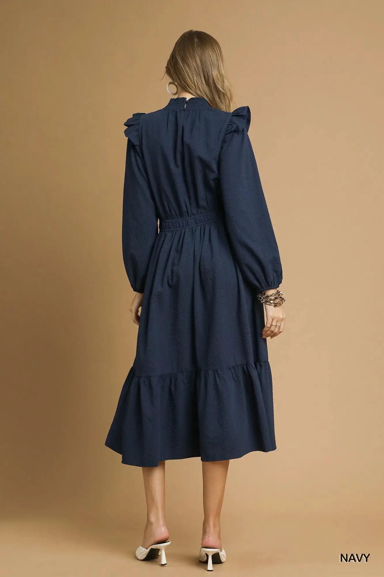 Textured Midi Dress with Ruffle Shoulder Detail | Umgee by Trendsi