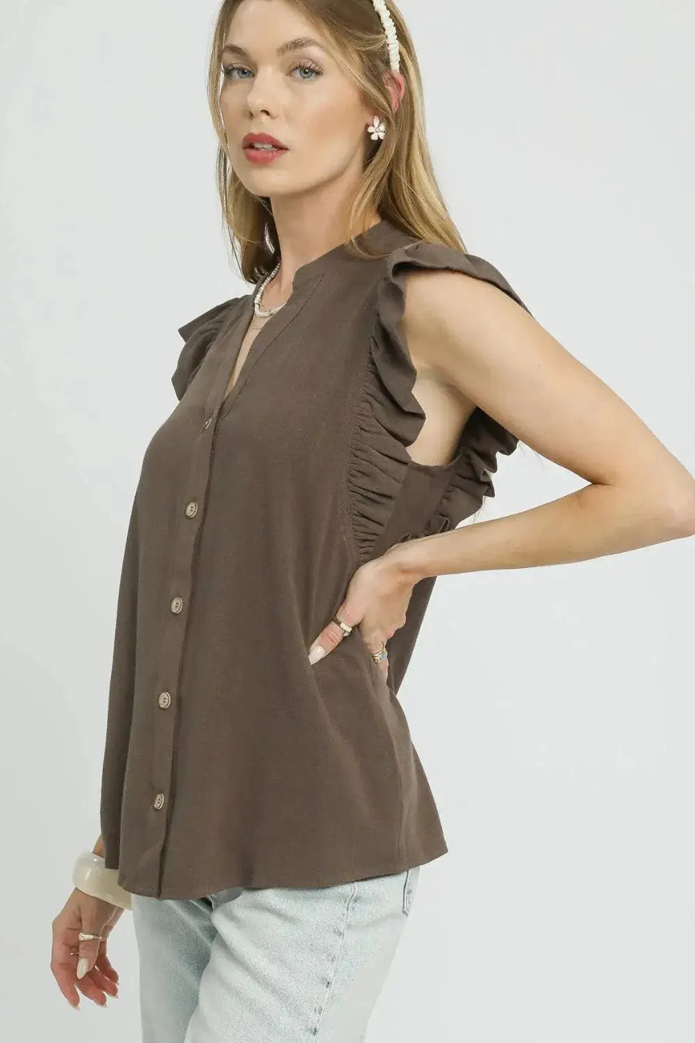 Linen Ruffle Sleeve Button-Down Shirt | Umgee by Trendsi