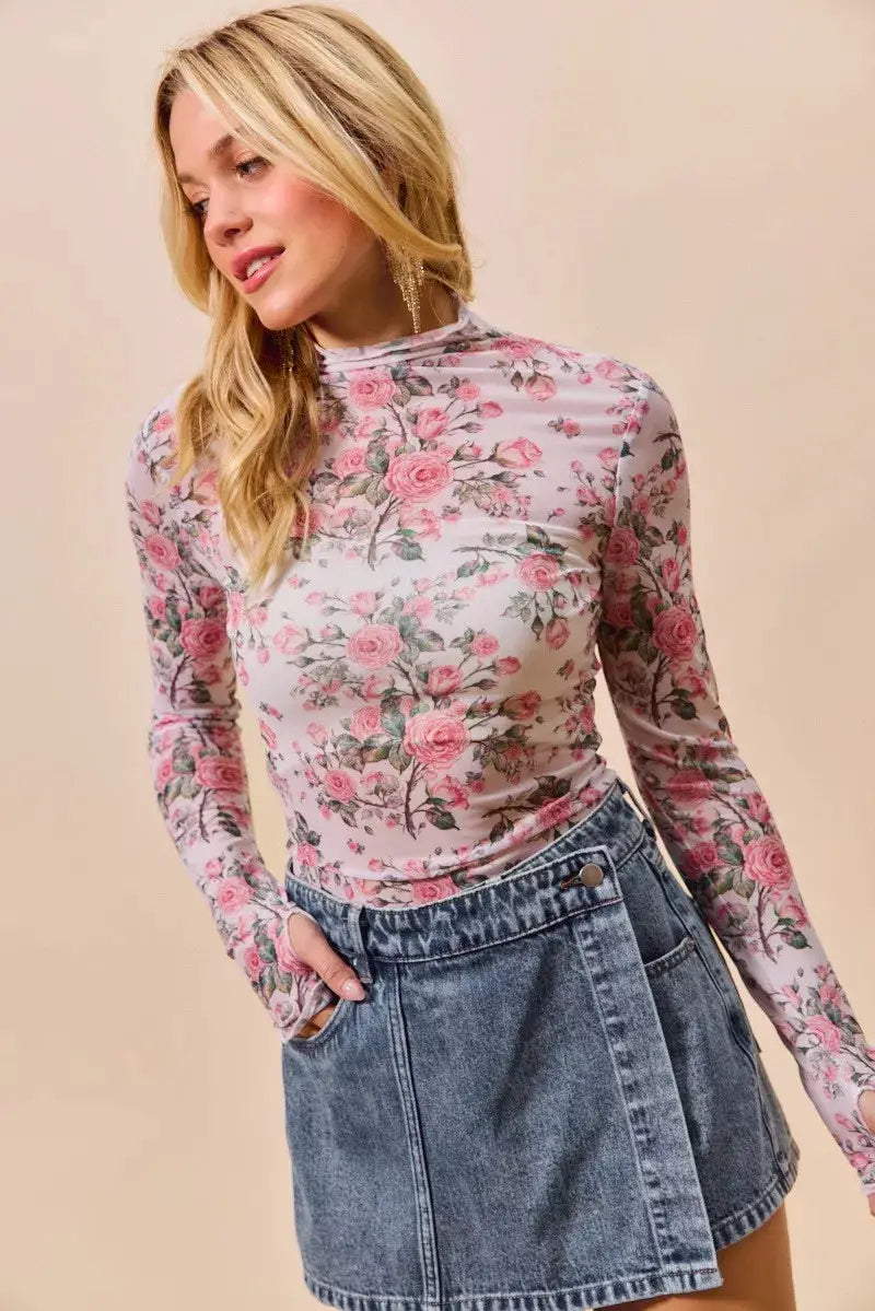 SO ME Floral Rose Print Mesh Sheer Layering Top by Trendsi
