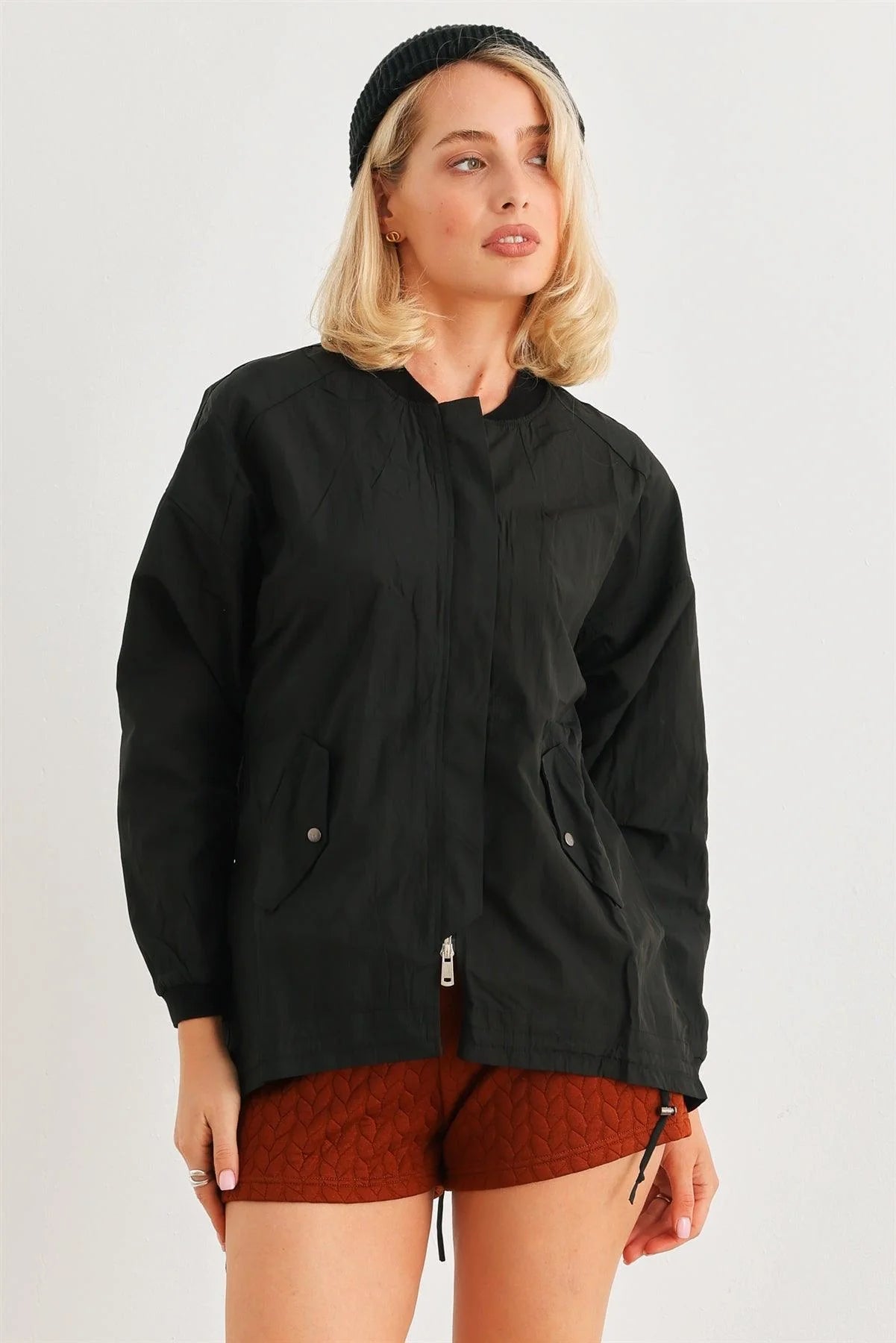 Black Two-Way Zipper Drawstring Waist & Hem Coach Jacket