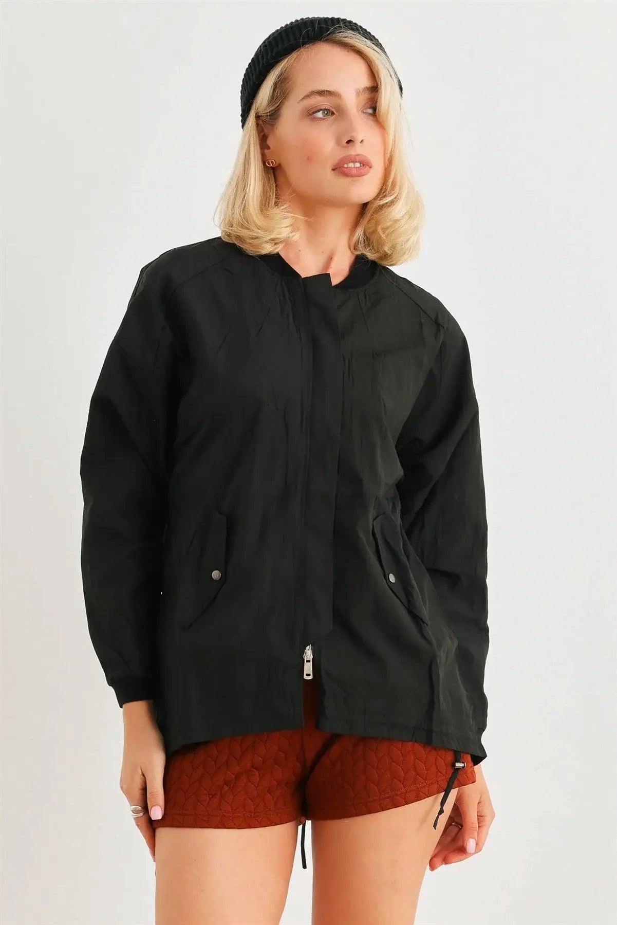 Black Two-Way Zipper Drawstring Waist & Hem Coach Jacket by YC COLLECTIONS