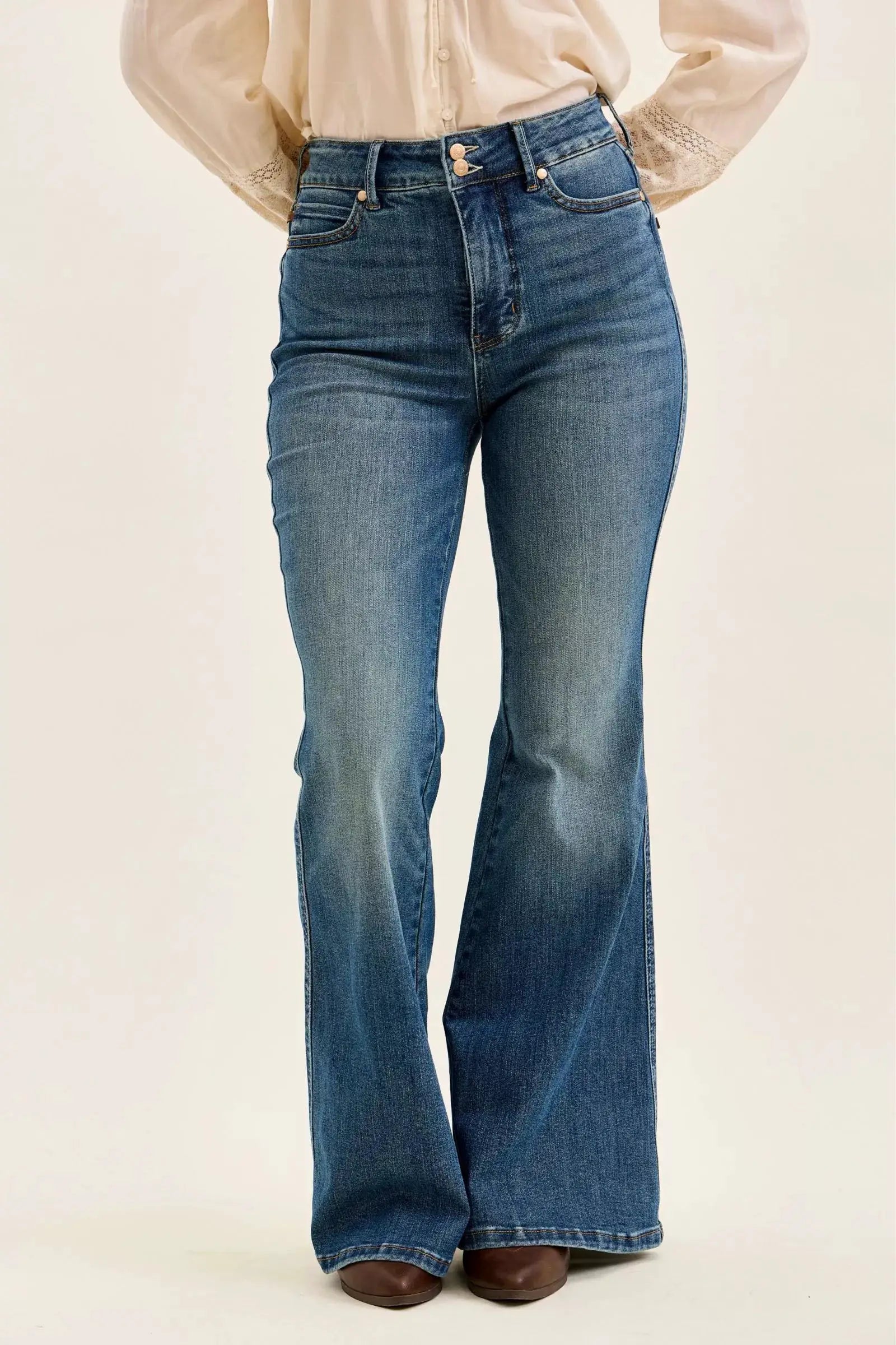 High Waist Double Button Tummy Control Flare Jeans | Judy Blue by Trendsi