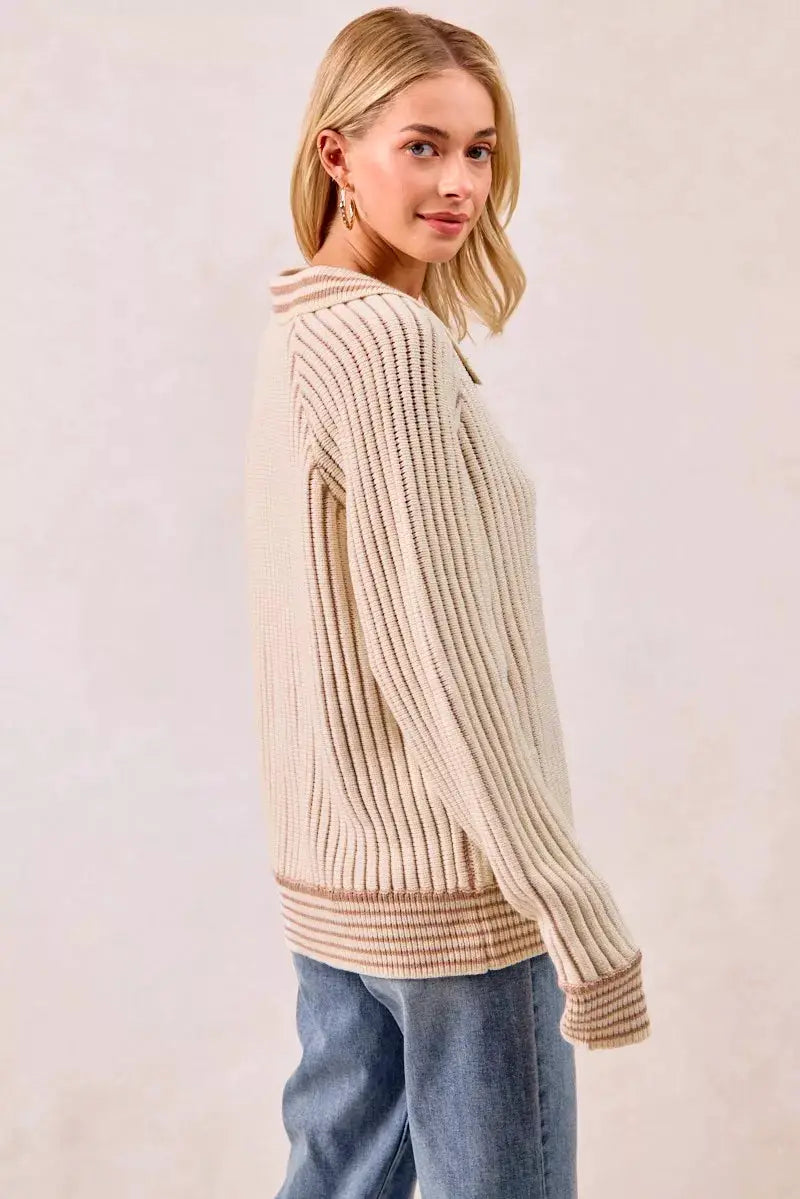 Half Button Ribbed Two Tone Sweater | BiBi by Trendsi