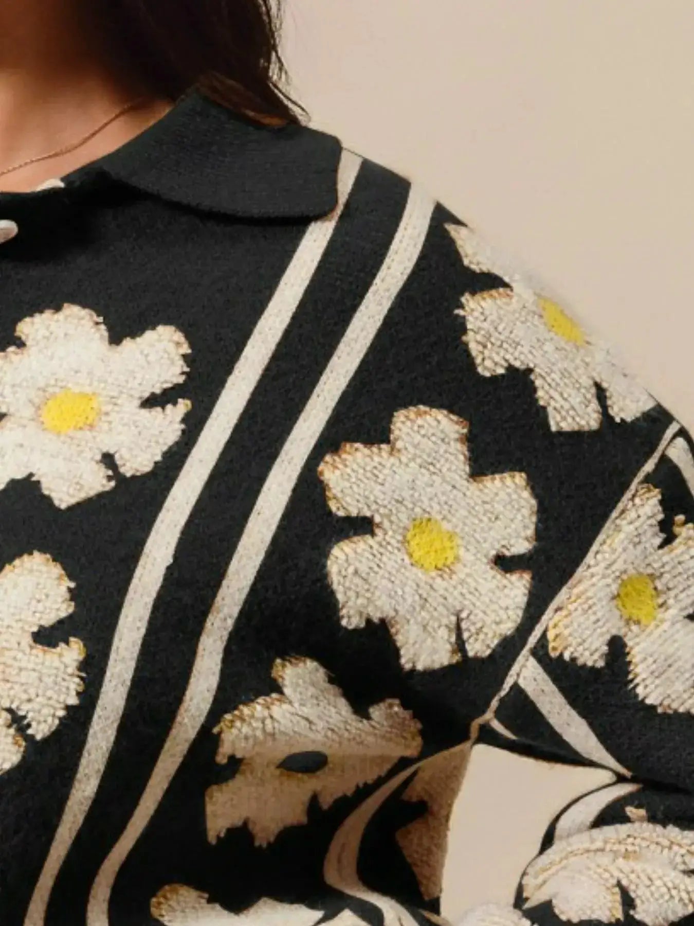 Floral Stripe Polo Collar Sweater | SO ME by Trendsi