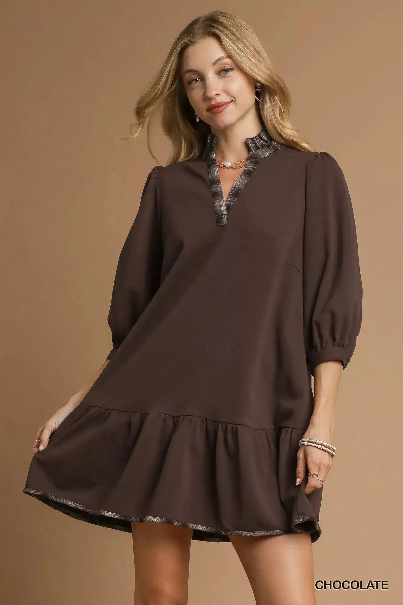 French Terry Ruffle Hem Dress with Plaid Trim | Umgee by Trendsi