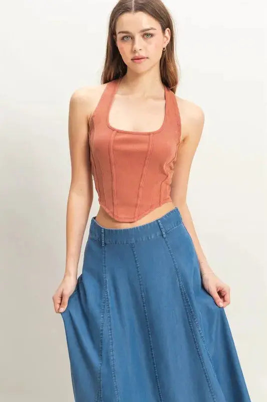 Mineral Wash Halter Neck Everyday Top | HYFVE by Trendsi