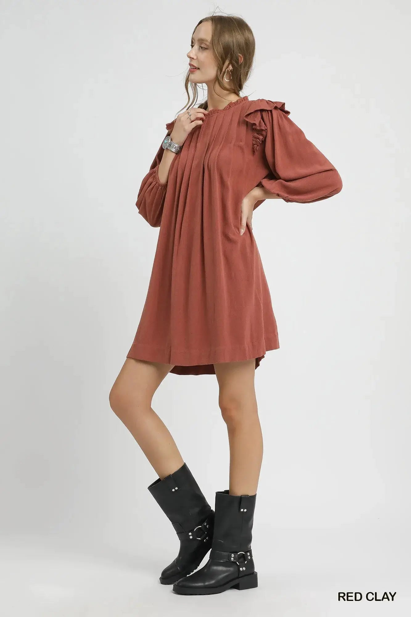 Linen Ruffle Shoulder Pleated Babydoll Dress | Umgee by Trendsi