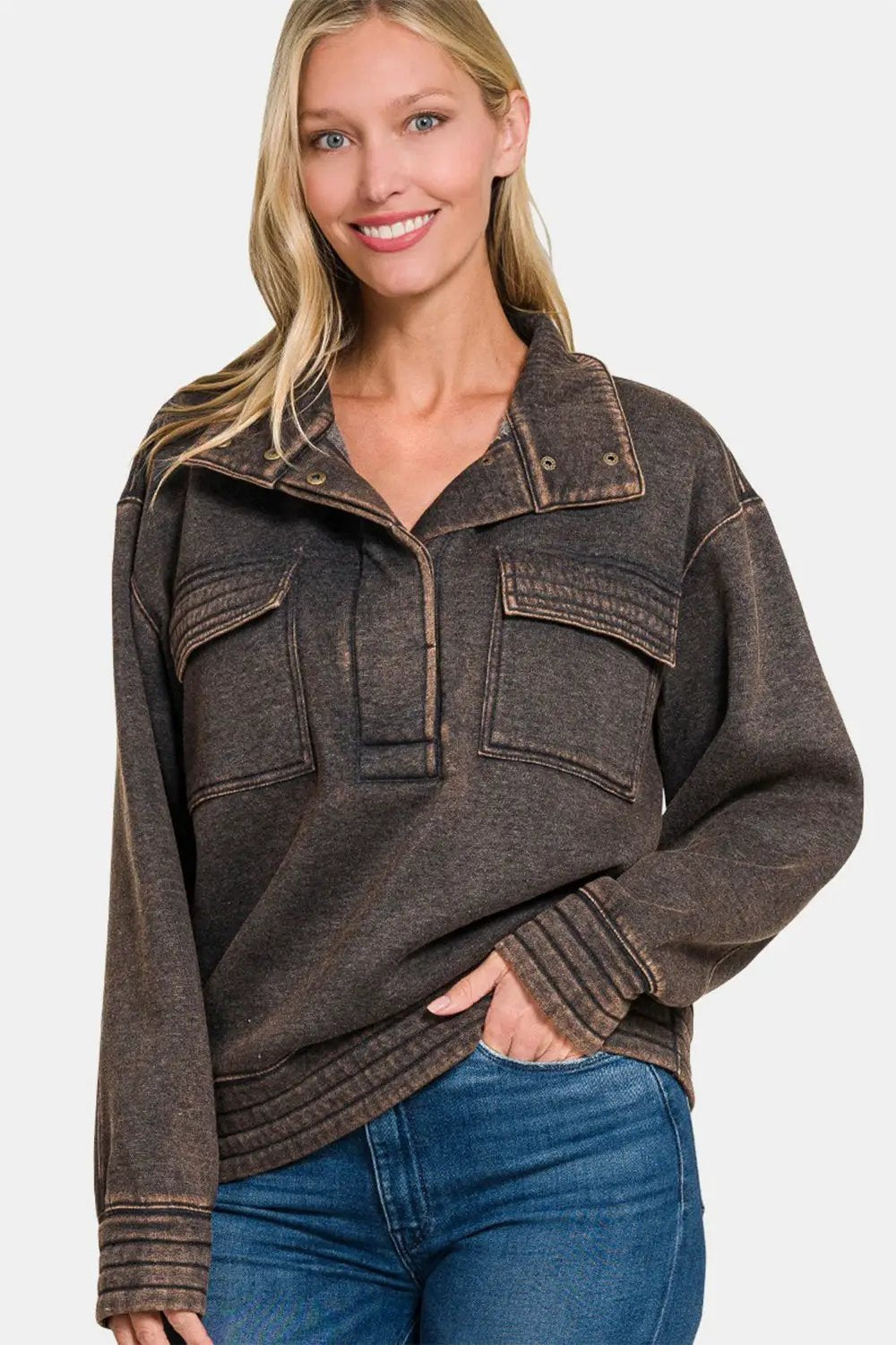 Acid Washed Half Snap Fleece Sweatshirt | Zenana by Trendsi