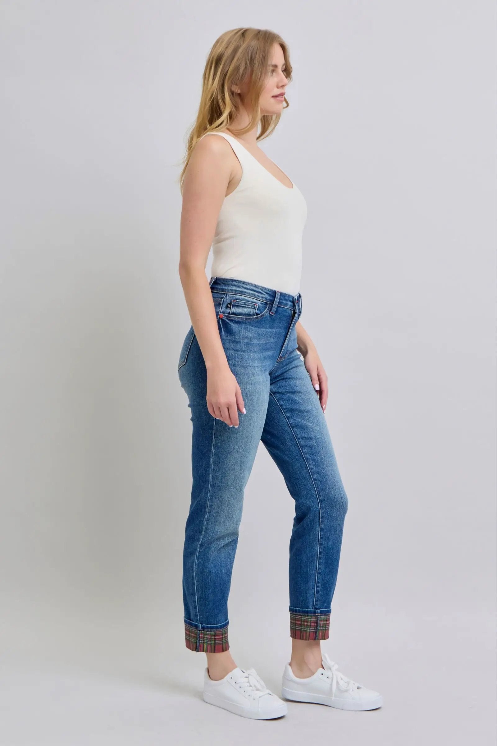 Full Size Plaid Print Cuff Straight Leg Jeans with Pockets | Judy Blue by Trendsi