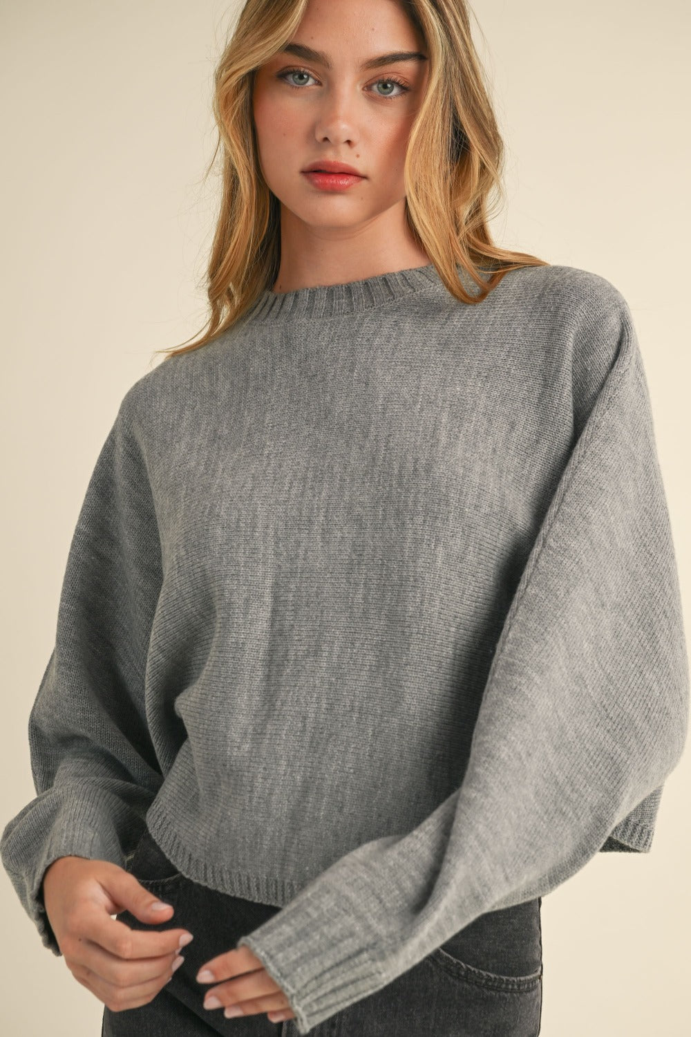 Round Neck Dolman Sleeve Cropped Sweater | MABLE