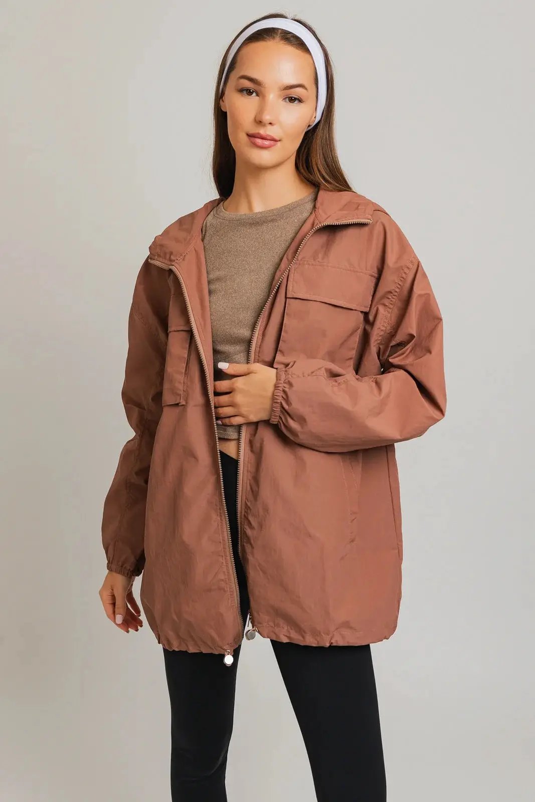 Oversized Front Pocket Drawstring Nylon Windbreaker by YC COLLECTIONS