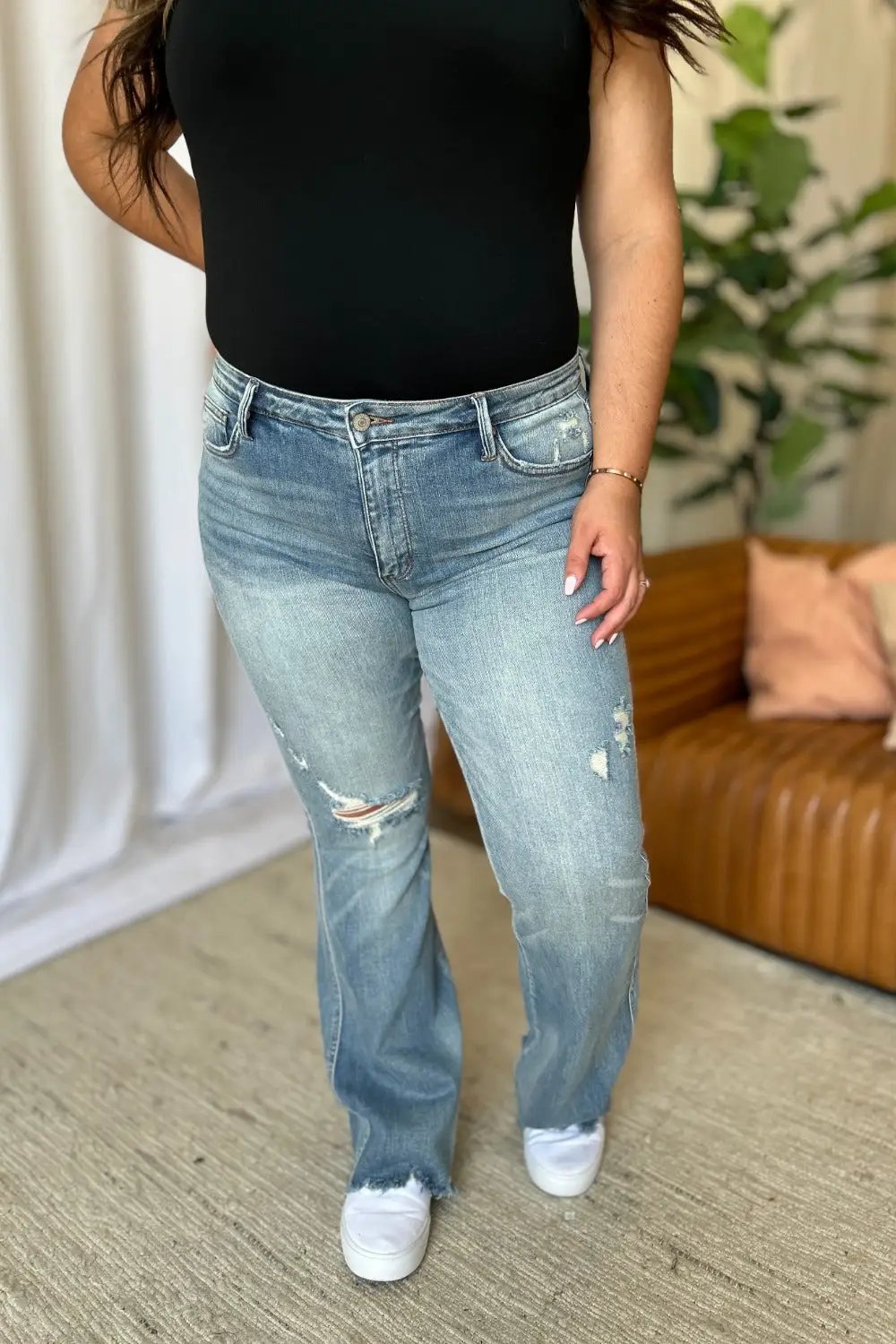 Medium Rise Tummy Control Destroy Flare Jeans | Judy Blue by Trendsi