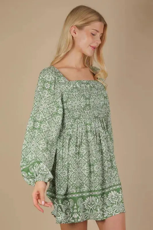 Printed Smocked Chest Boho Mini Dress | VERY J by Trendsi