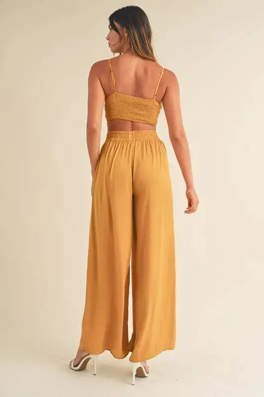 Smocked Bralette Crop Top & Wide-Leg Pants Set | MABLE by Trendsi