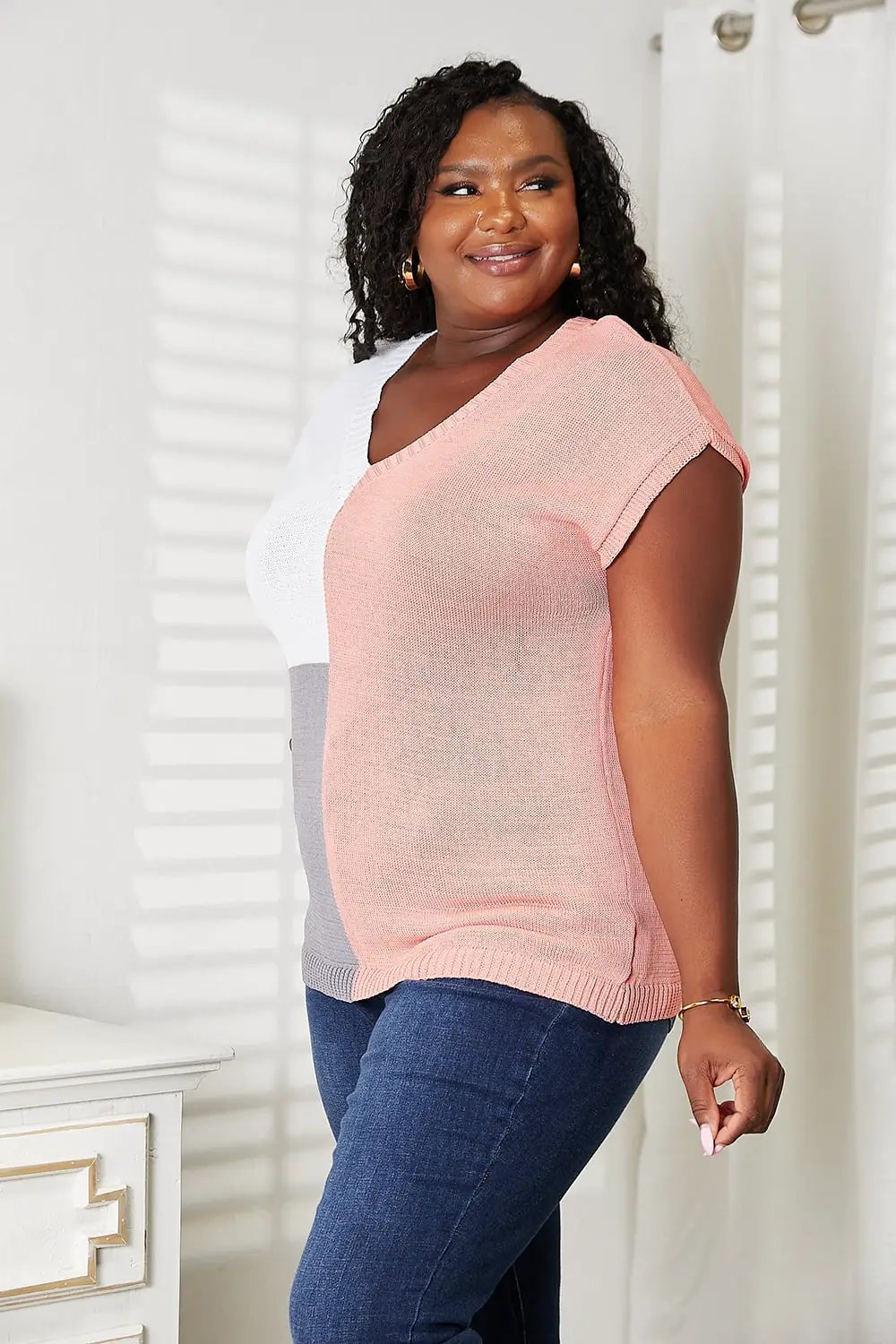 Color Block V-Neck Knit Top by Trendsi