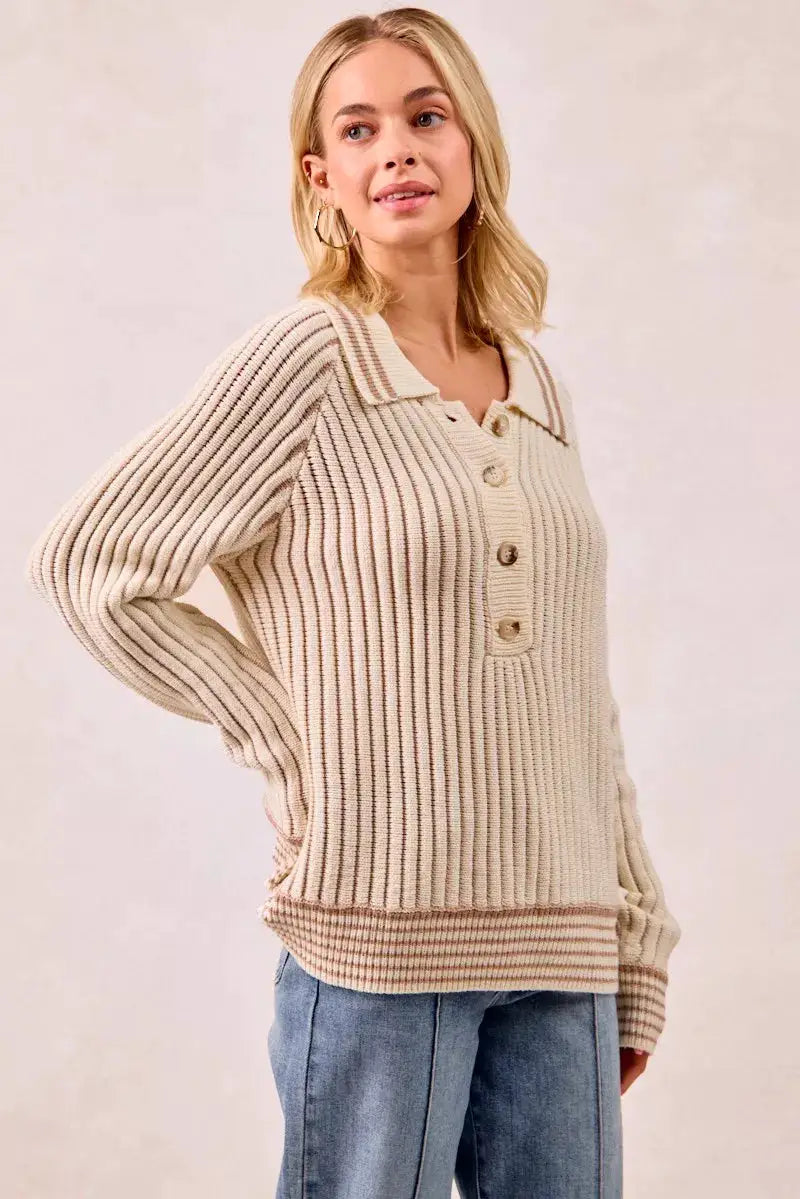 Half Button Ribbed Two Tone Sweater | BiBi by Trendsi