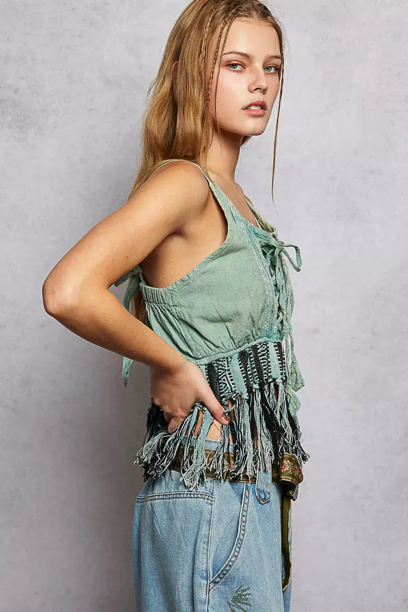 Lace-Up Fringe Hem Tank with Lace Detail | POL by Trendsi