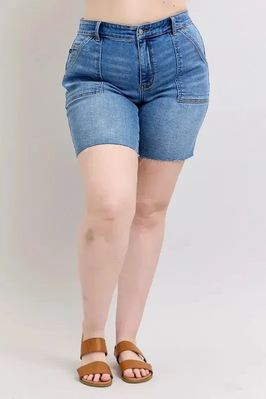 Full Size Mid Rise Bermudas Denim Shorts W/ Back Flap Pockets Plus | Judy Blue by Trendsi