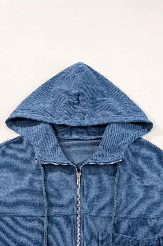 Solid Corduroy Zip-Up Pocketed Hooded Jacket by JUNIPER BLVD