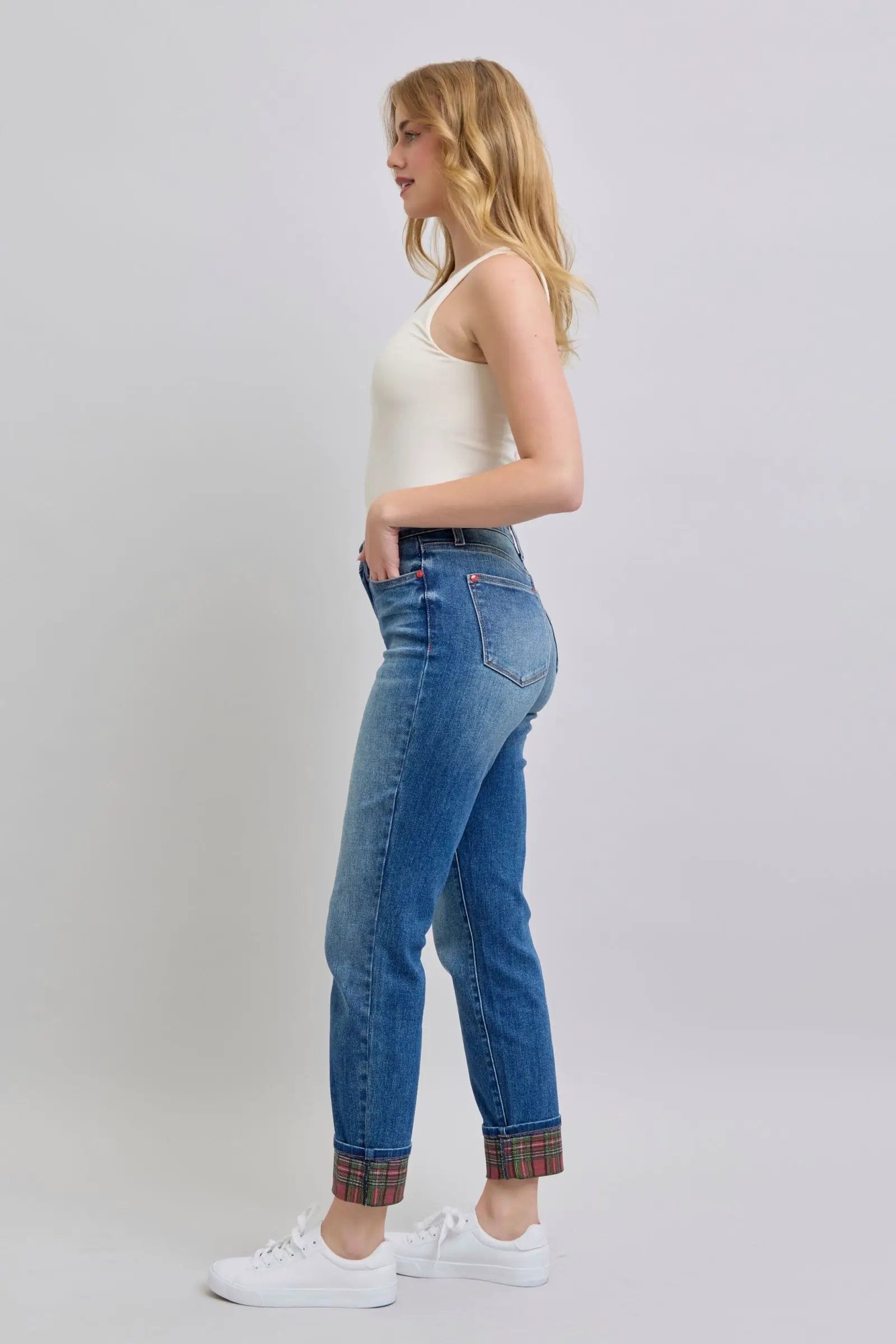 Full Size Plaid Print Cuff Straight Leg Jeans with Pockets | Judy Blue by Trendsi