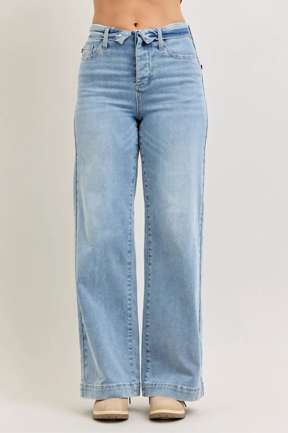 Mid Rise Retro Wide Leg Jeans with Fold-over Waistband | Judy Blue by Trendsi