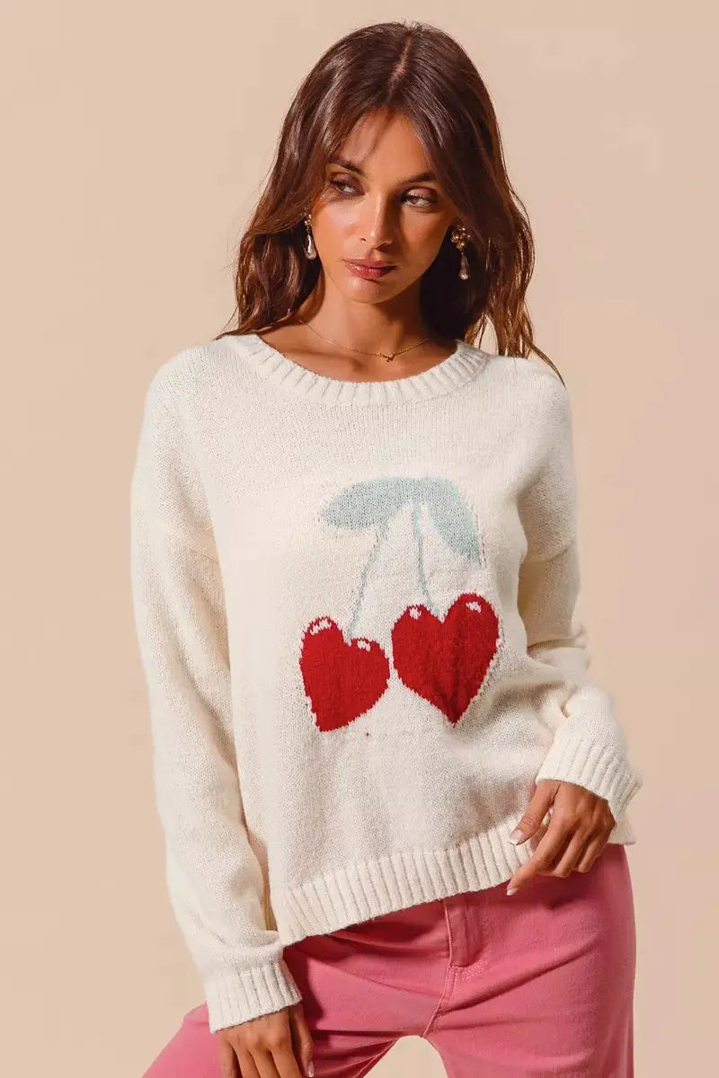 Heart Cherry Knitted Valentine Sweater Top | SO ME by Trendsi