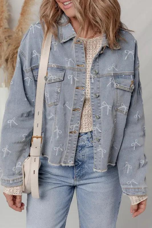 Denim Bow Light Wash Raw Hem Jacket by JUNIPER BLVD