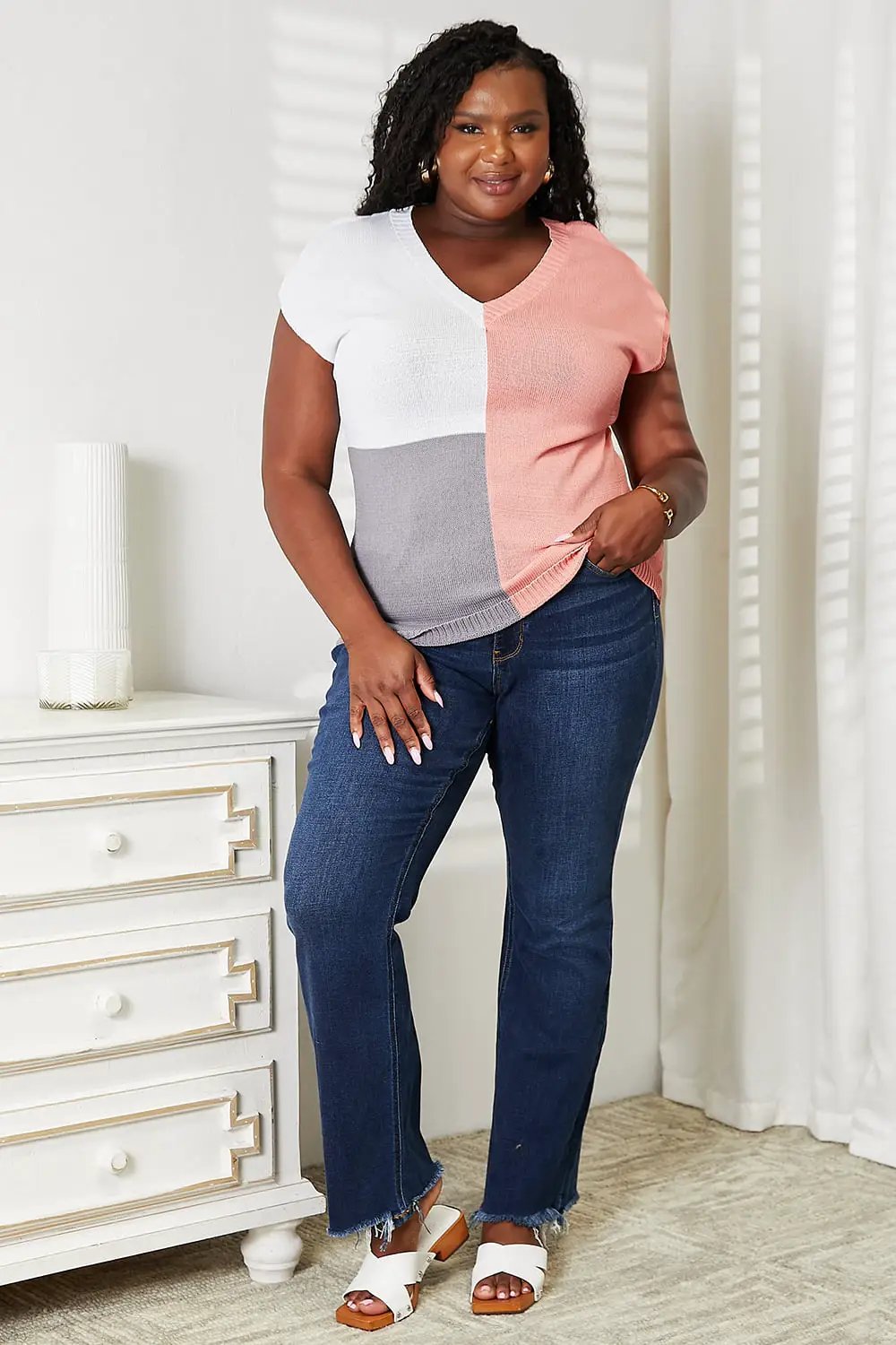 Color Block V-Neck Knit Top by Trendsi