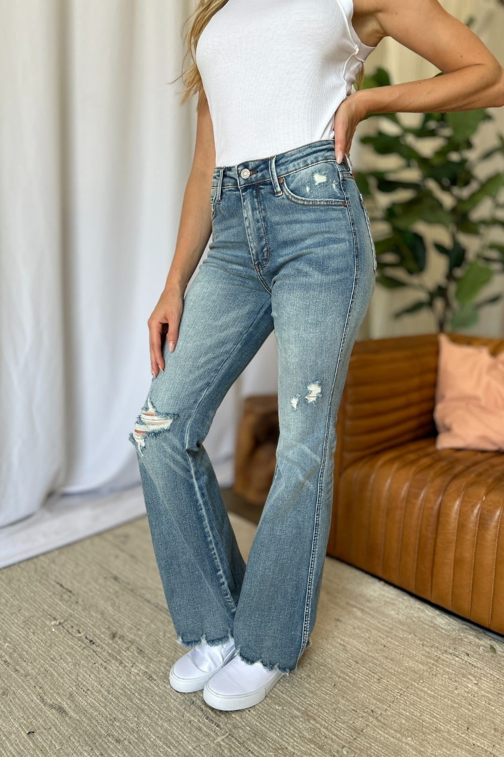Medium Rise Tummy Control Destroy Flare Jeans | Judy Blue