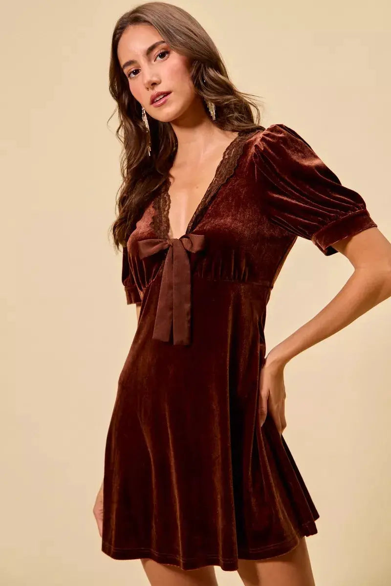 SO ME Velvet Short Sleeves Mini Dress by Trendsi