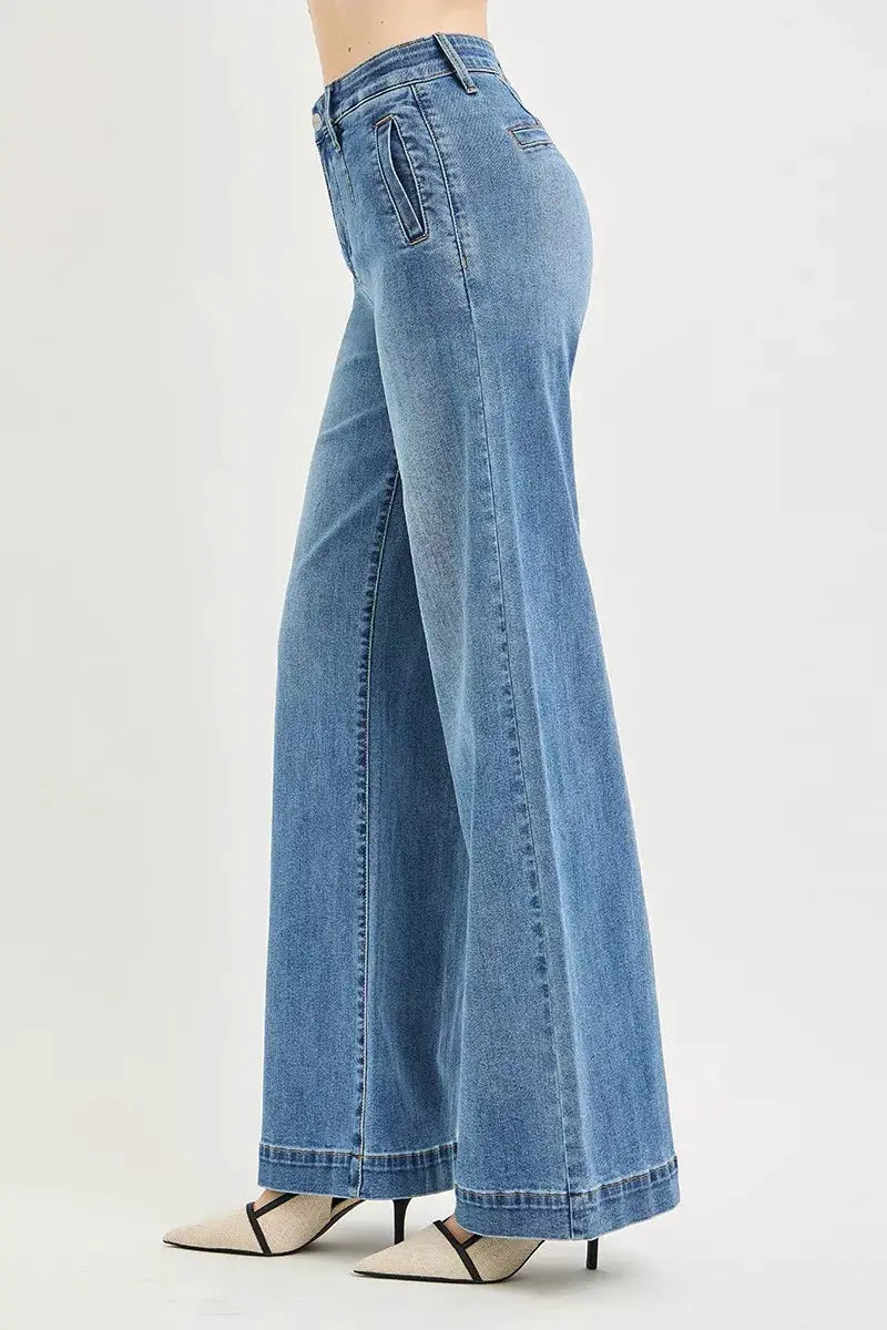 Tummy Control Elastic Band High Rise Wide Jeans | RISEN by Trendsi