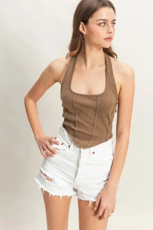 Mineral Wash Halter Neck Everyday Top | HYFVE by Trendsi