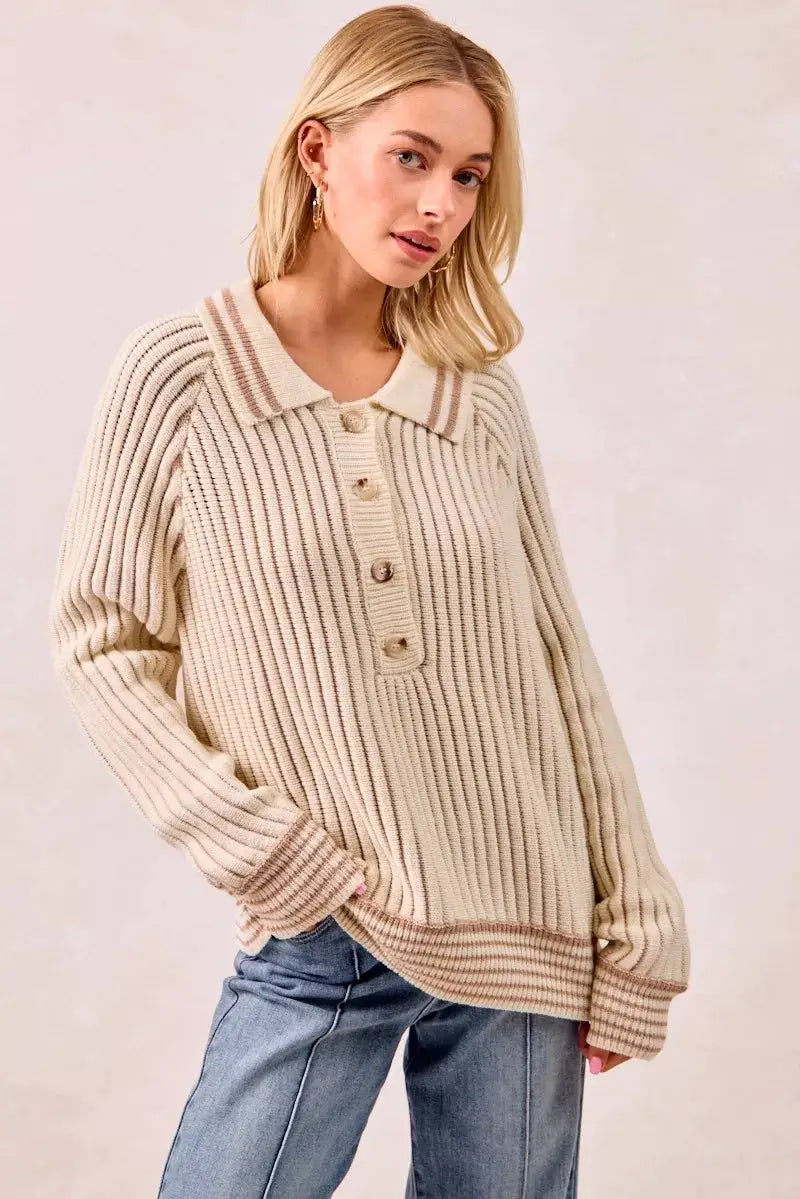 Half Button Ribbed Two Tone Sweater | BiBi by Trendsi