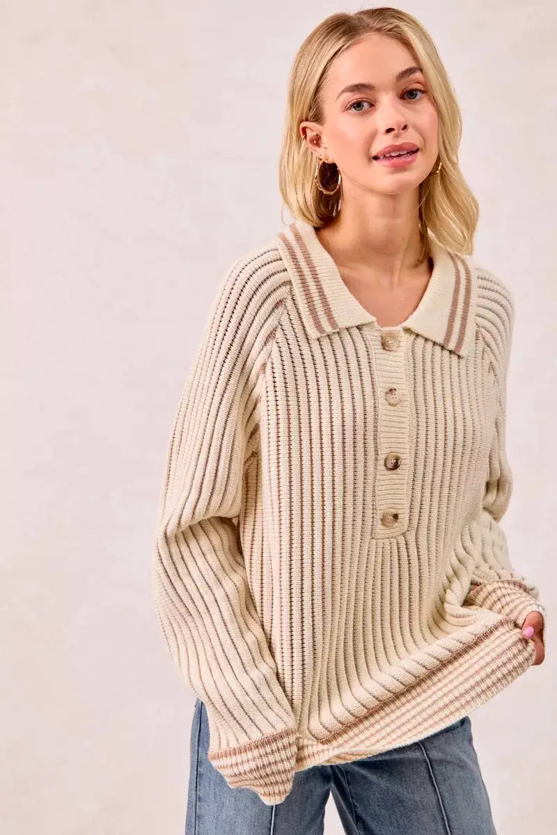 Half Button Ribbed Two Tone Sweater | BiBi by Trendsi
