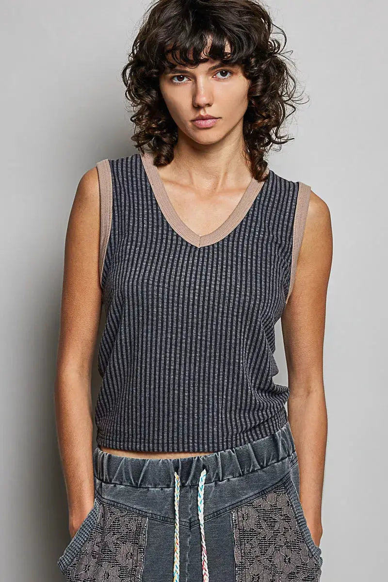 POL V-Neck Contrast Ribbed Sleeveless Tank by Trendsi