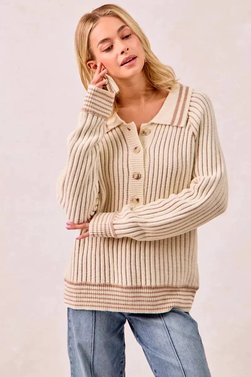 Half Button Ribbed Two Tone Sweater | BiBi by Trendsi