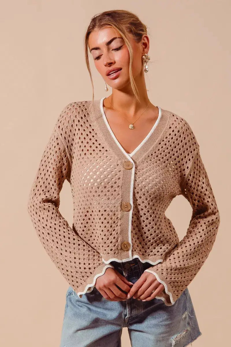 SO ME Open Knit Light Weight Sweater Cardigan With Contrast Wavy Scallop Edge by Trendsi