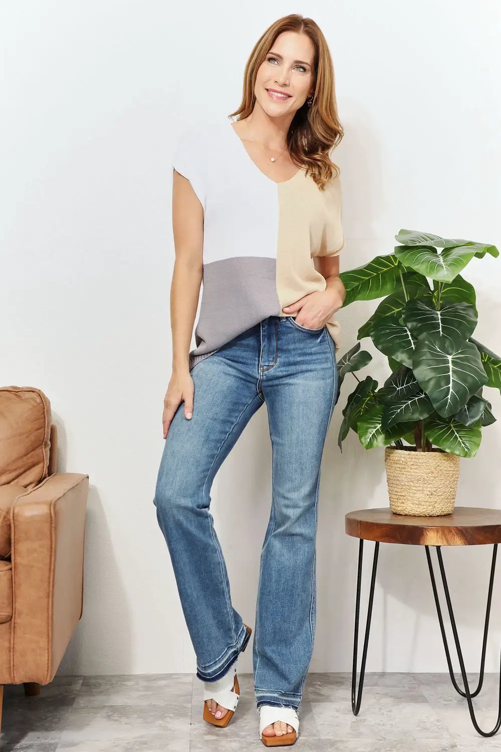 Color Block V-Neck Knit Top by Trendsi