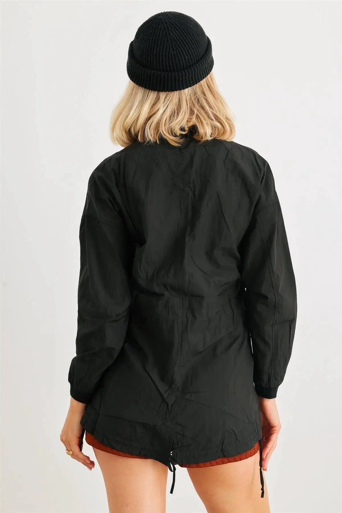 Black Two-Way Zipper Drawstring Waist & Hem Coach Jacket by YC COLLECTIONS