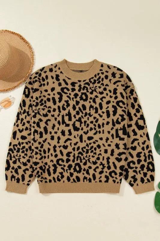 Leopard Ribbed Trim Crewneck Drop Shoulder Sweater by JUNIPER BLVD
