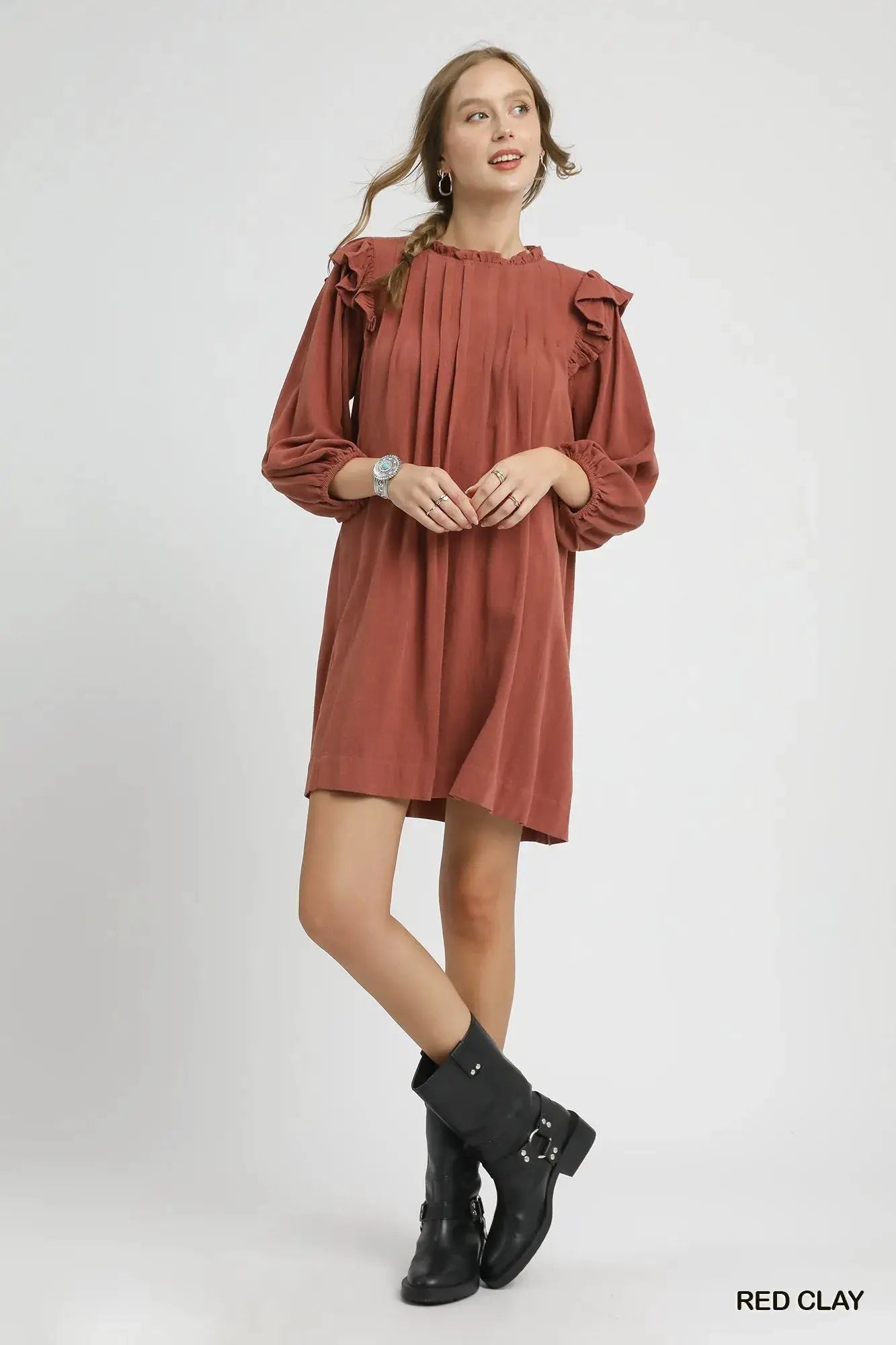 Linen Ruffle Shoulder Pleated Babydoll Dress | Umgee by Trendsi