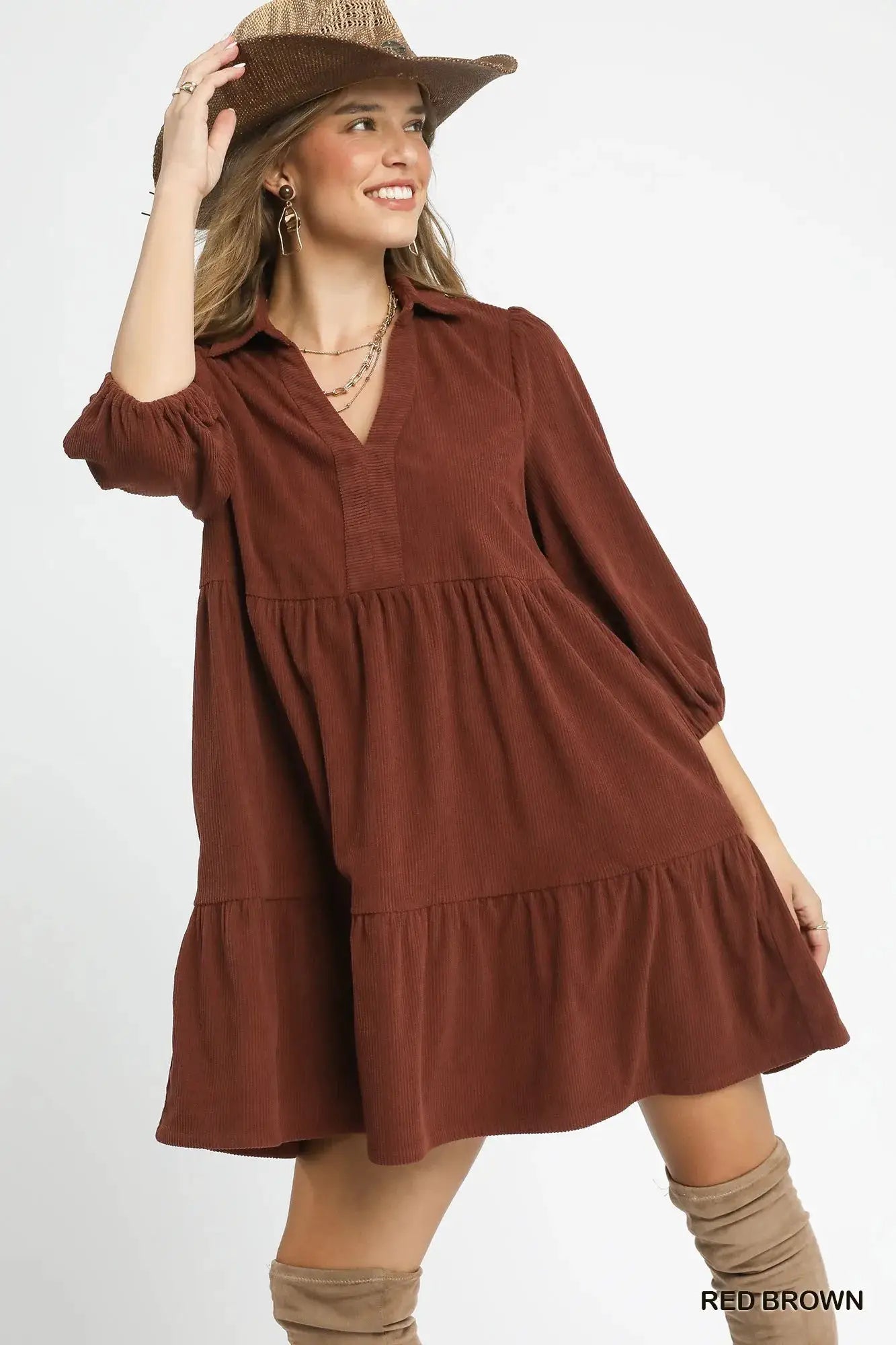 Tiered Corduroy Mini Dress with Balloon Sleeves | Umgee by Trendsi