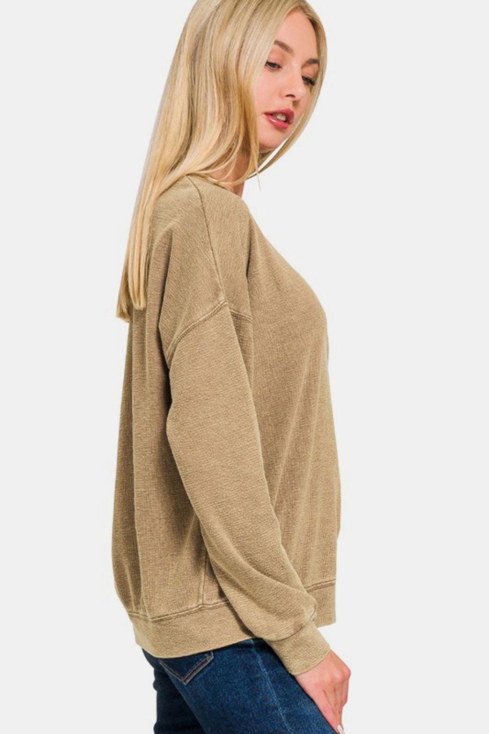 Washed Round Neck Dropped Shoulder Sweatshirt | Zenana