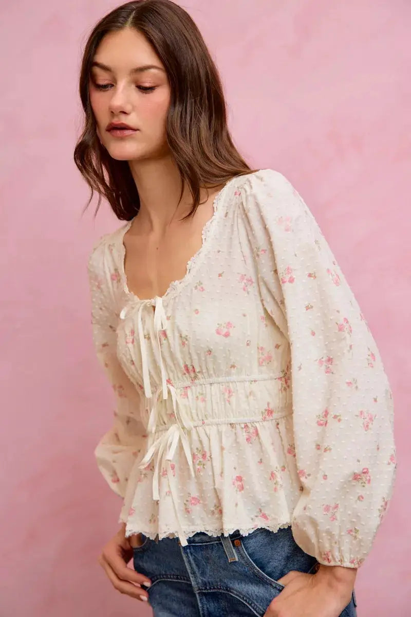 SO ME Floral Clip Dot Lace Trim Ruched Bodice Blouse by Trendsi